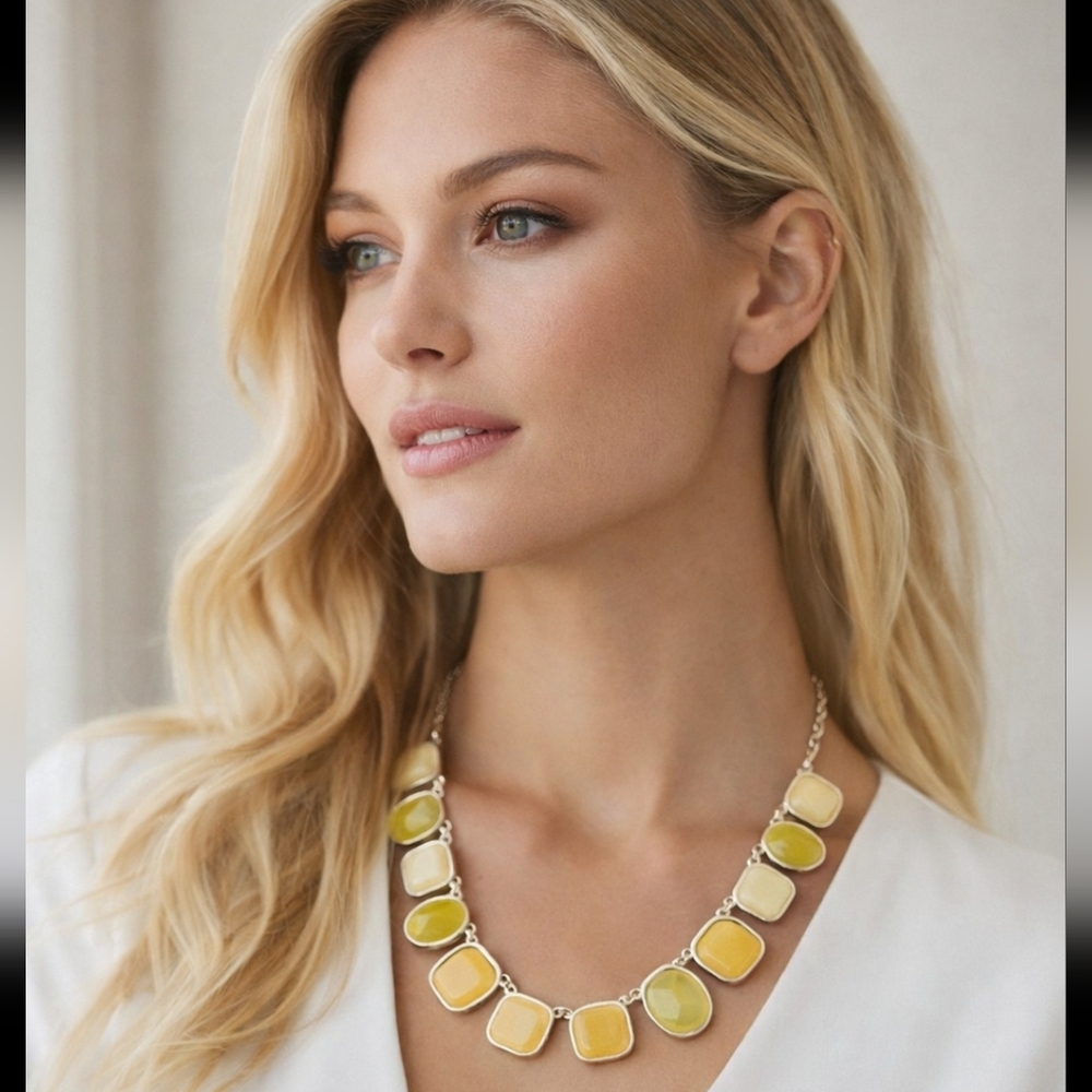 Yellow Chalcedony Agate Look Statement Necklace Go Hild Tone Modern Adjustable